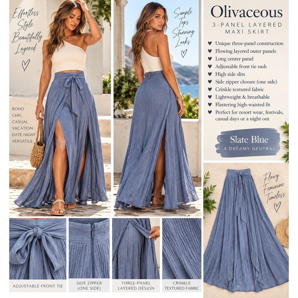 Olivaceous Women's Blue Layered Wrap Maxi Skirt S Tie Front Crinkle Flowy Boho